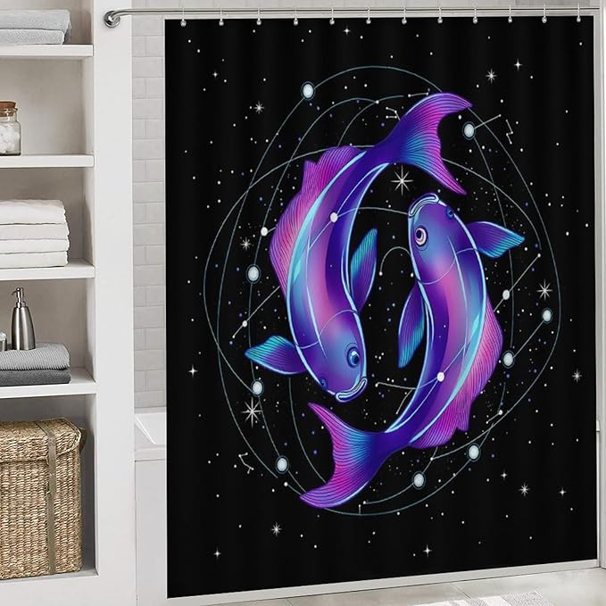 4 Pack Neon Fish Zodiac Pisces Art Shower Curtain + Bath Room Rug Mat Set, Water Repellent Window Curtain Absorbent Bath Room Rug Carpet