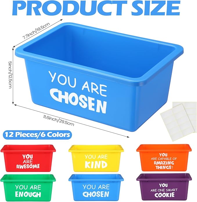 Thyle Plastic Cubby Bins with Labels 11.6 x 7.7 Inch Classroom book bins Stacking Storage Container Organizer Storage Cubbies for Classroom Office(Inspirational,Bright Color,12 Pieces)