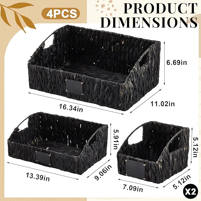 4 Pcs Natural Storage Baskets Set Stackable Handwoven Wicker Storage Bins with Chalkboard Label Built-in Handles Woven Container Basket Kitchen Baskets for Shelves(Black)
