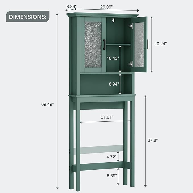 Over The Toilet Storage Cabinet, Over Toilet Bathroom Organizer with Glass Doors and Adjustable Shelf, Thicken Frame Above Toilet Storage Cabinet Behind Toilet Bathroom Organizer, Halcyon Green