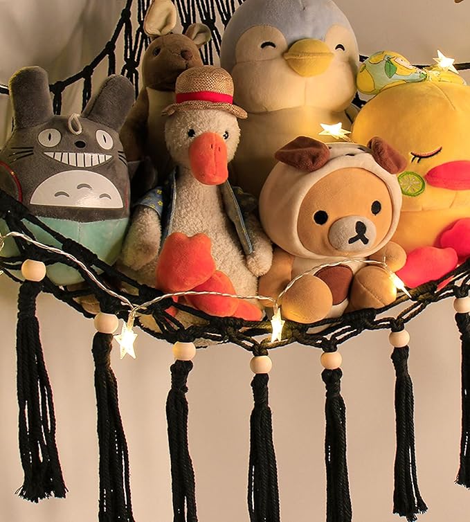 Stuffed Animal Hammock Corner Storage - Toy Hammock Net Organizer with LED Light - Tedddy Hammocks Plushie Net Holder - Black Wall Decor for Boy Living Room Bedroom