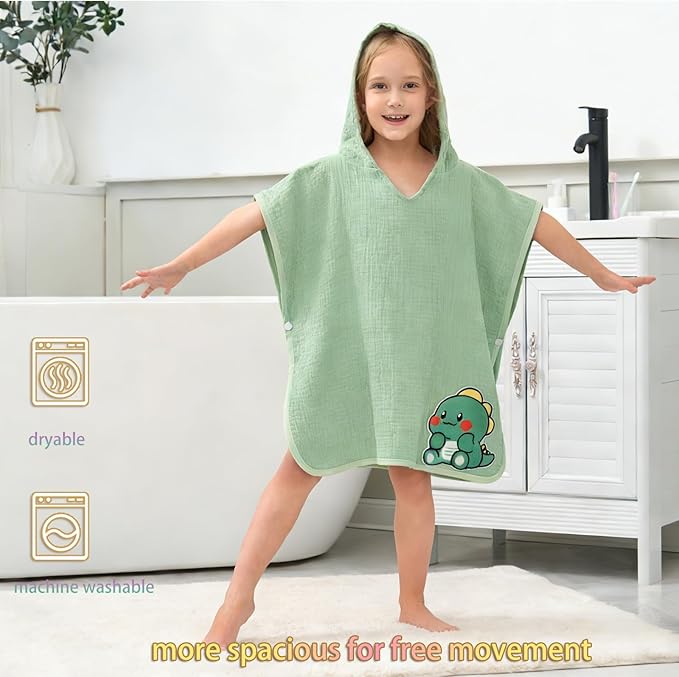 Hooded Towel for Kids 100% Cotton Bath Towel Toddler Beach Essentials with Animal Design 2-6Years (Green, Small)