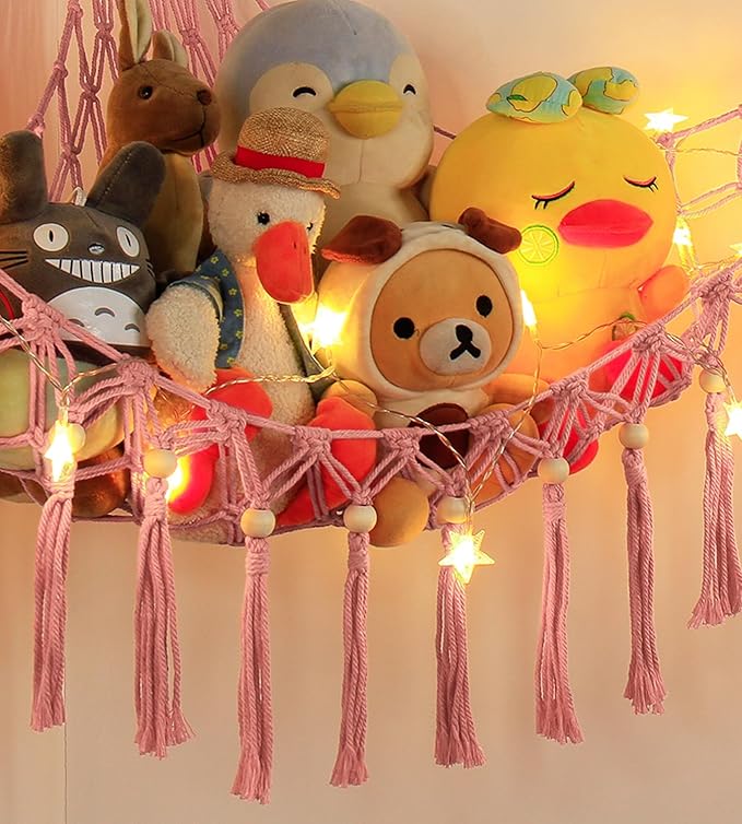 Stuffed Animal Storage Hammock Corner with LED Light - Toy Hanging Organizer Plushie Net - Pink Room Decor for Teen Girls - Cute Bedroom Aesthetic Nursery Kids Baby Toddler