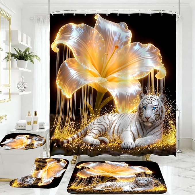 4 Piece Black and Gold Shower Curtain Set with Rugs, Majestic White Tiger & Glowing Golden Lily Floral Art, Luxury Waterproof Fabric Bathroom Decor, Non-Slip Bath Mats & Toilet Lid Cover
