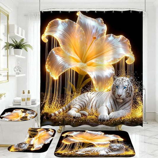 4 Piece Black and Gold Shower Curtain Set with Rugs, Majestic White Tiger & Glowing Golden Lily Floral Art, Luxury Waterproof Fabric Bathroom Decor, Non-Slip Bath Mats & Toilet Lid Cover