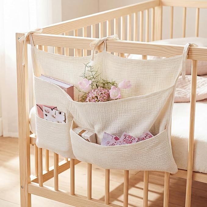 Cotton Baby Bedside Hanging Storage Bag 6 Pockets Bedside Caddy Organizer for Baby Cribs and Toys Milk Bottle Nursery Hanging Organizers, Beige