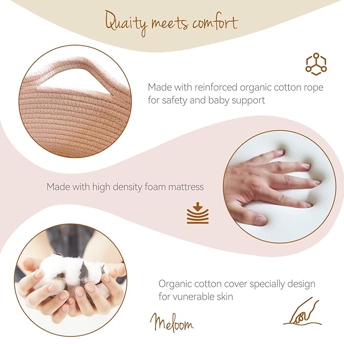 meloom Baby Changing Basket with Pads and Safety Belt- 100% Cotton Boho Baby Moses Basket Changing Table and Thick Pad with Waterproof Mattress Cover, Nursery Decor in Pink Color with Storage Bag