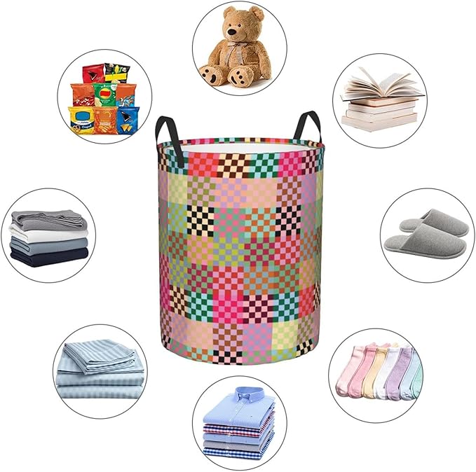 Laundry Basket Colorful Checkered Decor,Waterproof Laundry Hamper Checkered Decor Collapsible Laundry Baskets With Handles,Toy/Clothes Storage Basket For Home Bedroom Bathroom Decor