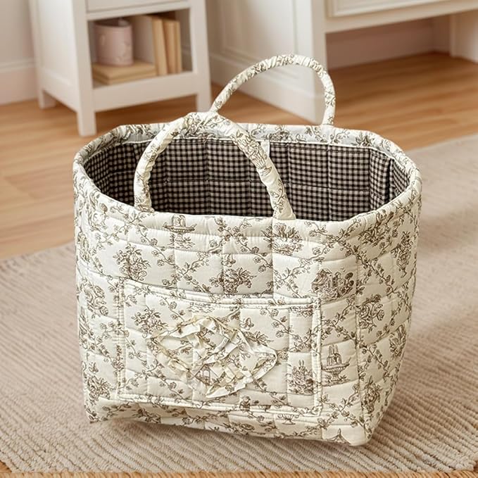 JQWYGB Foldable Laundry Basket Boho Bear Storage Basket Floral Quilted Fabric Car Storage Basket Handles Large Laundry Baskets for Clothes and Dolls