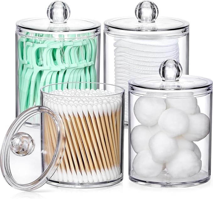 4 Pack Acrylic Qtip Holder Dispenser for Cotton Swabs, Balls, Pads, Floss Picks- Small Clear Acrylic Canister Apothecary Jar Set, Bathroom Essentials Accessories Decor, Vanity Makeup Storage Organizer