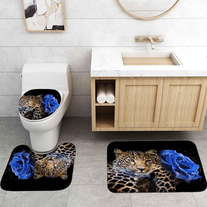 4PCS Blue Rose Leopard Shower Curtain Sets with Rugs, Waterproof Fabric Black Shower Curtain, Modern Romantic Elegant Blooming Floral African Wild Animal Safari Jaguar Cheetah Bathroom Decor