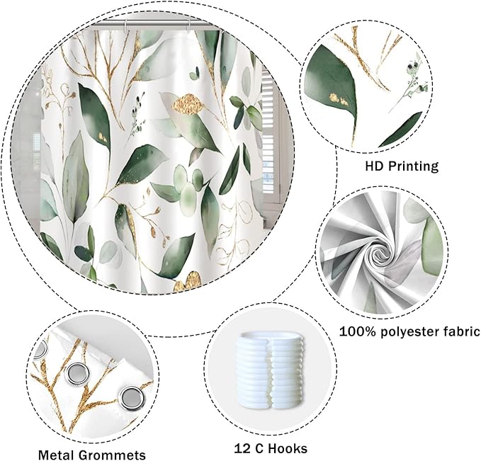 Abstract Eucalyptus Leaves Shower Curtains Sage Green Gold Branches Leaf Nature for Bathroom Farmhouse Style Home Decor Waterproof Polyester Fabric Shower Curtain with Hooks, 36x72 Inch