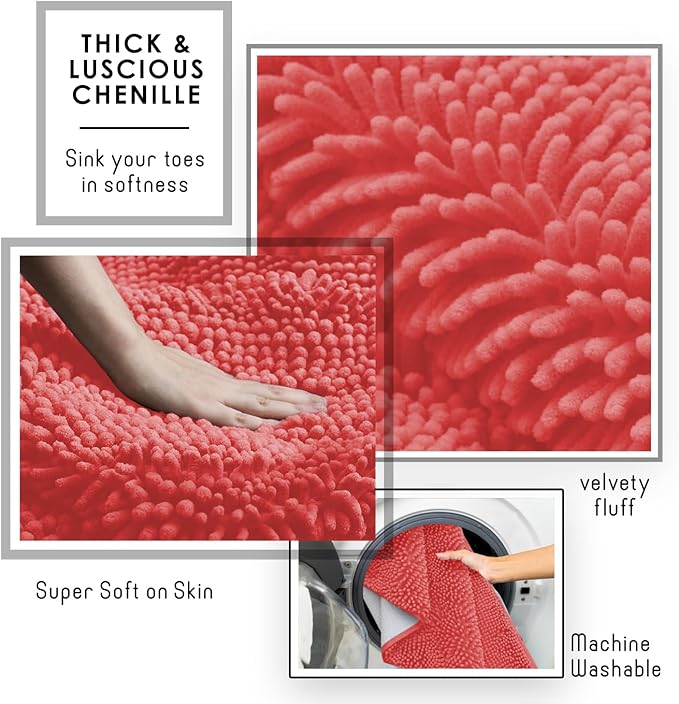 Hearth & Harbor Bathroom Rugs, Chenille Bath Mat - Machine Washable Bath Mats for Bathroom Non-Slip Backing Rubber, Quick Dry Mat - Rose Bath Rug, 17x24-20x32-20x24