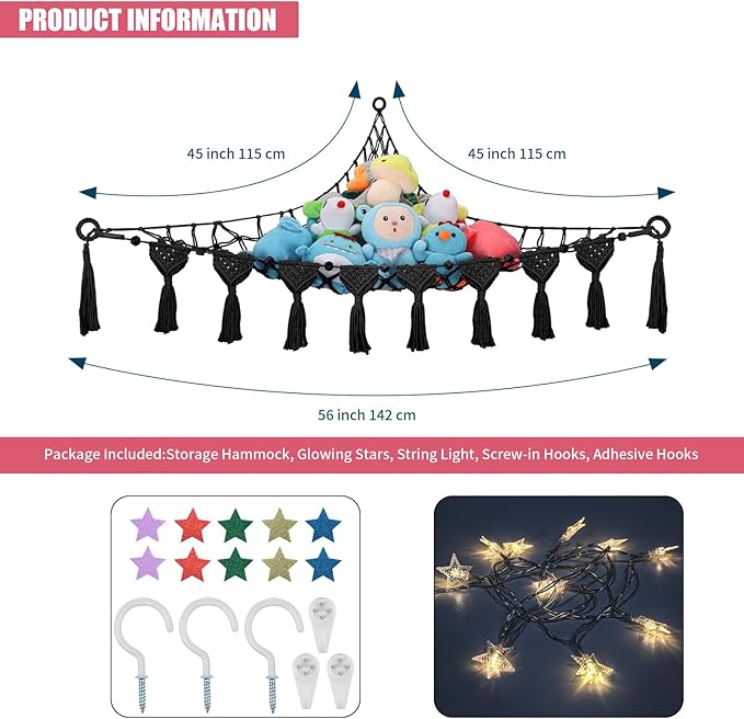 Stuffed Animal Storage Hammock, 56'' Jumbo Boho Macrame Tassels Corner Toy Holder Wall Hanging Net Organizer for Nursery Teddy Plushie, Black Plush Toy Net with Star Light for Boys Girls Gift