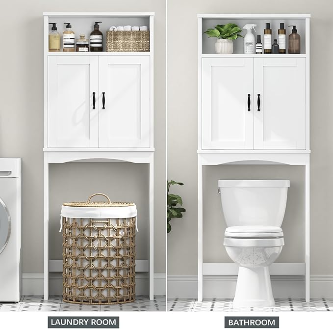 Over The Toilet Storage Cabinet, Over Toilet Storage Bathroom Organizer with Inner Adjustable Shelf and Top Open Storage Above The Toilet Storage Cabinet Behind Toilet Bathroom Cabinet, White