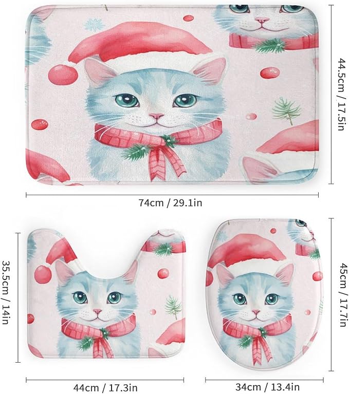 4 Piece Decor Shower Curtains Sets with Rugs Toilet Lid Cover And Bath Mat Christmas Cat Waterproof Shower Curtain Cat Lady Pet Lover for Bathroom Decor Set Merry Christmas Shower Curtain Set