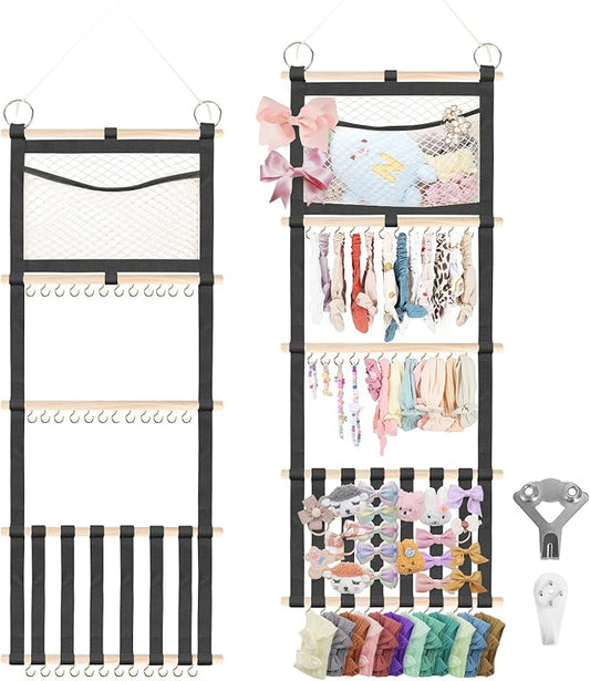 Munzong Headband Holder 52x17 inch, Black Bow Holder for Baby Girls,4 Tier Large Capacity Wall Hanging Headband Shelf w/Mesh Bag,Nursery Hair Accessories Organizer Display Rack for Toddler Kids Women