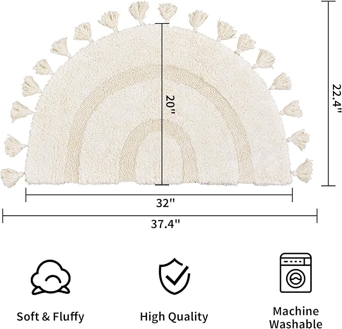 Half Circle Boho Bathroom Rugs with Tassels 100% Cotton Hand-Woven Bath Mat Non Slip Absorbent Bath Rugs with Rug Pad Washable Boho Bath Mat Carpet for Tub, Shower 20"x32",White