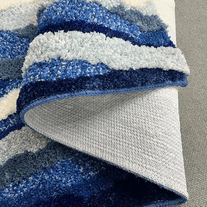 Blue 3D Ocean Wave Bath Mat, Cute Funky Bathroom Rugs,for Coastal Beach Nautical Themed Decor, Non-Slip Washable Tufted Rug for Bedroom Kitchen Runner Rug (27.6 x 63 in)