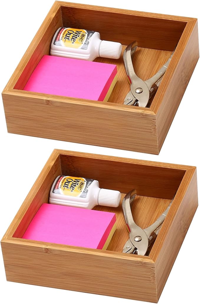 YBM Home Bamboo Drawer Organizer Box Multi-Use Storage for Junk Drawer, Office, Home, Kitchen, Bedroom, Children Room, Craft, Sewing, and Bathroom (2, 6x6x2 inch)