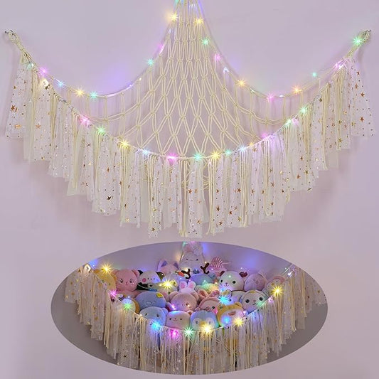 FIOBEE Stuffed Animals Net or Hammock with LED Light, Toy Hammock Hanging Stuffed Animals Storage Organizer Holder Room Décor for Nursery Kids Bedroom