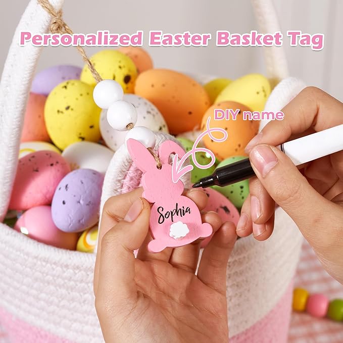 Easter Baskets for Kids, Pink Small Woven Rope Bunny Personalized Easter Basket Empty with Handle, Basket Name Tag, Baby Egg Easter Baskets Gifts for Girls Boys Toddler Babies, 8.7" x 6.9" x 6.3"