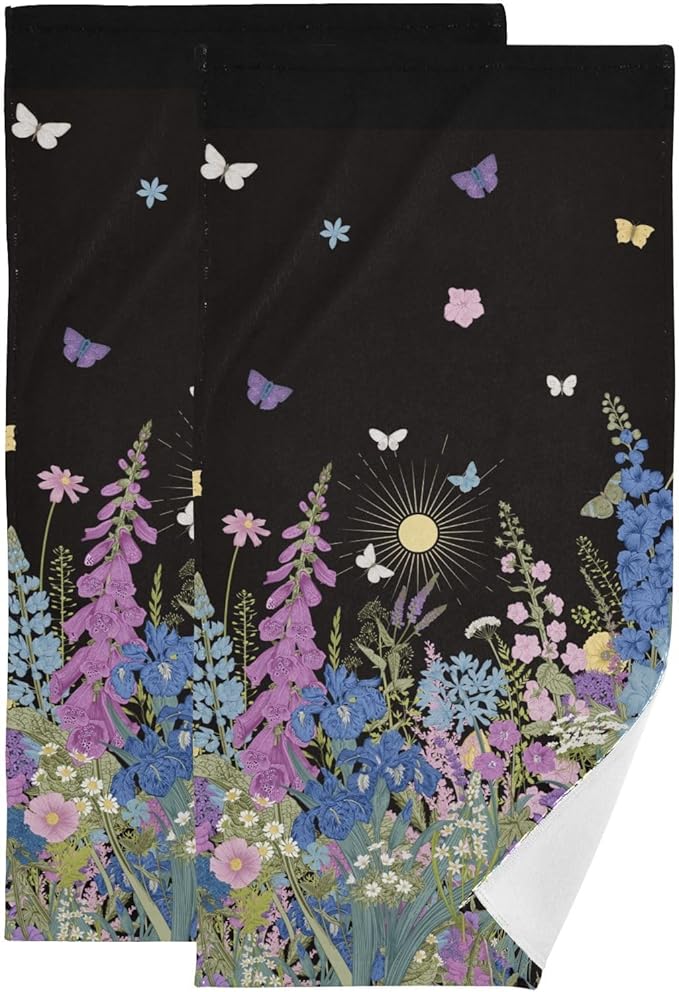 2 Pcs Purple Blue Wildflower Hand Towels for Bathroom,Soft Absorbent Vintage Garden Floral Butterfly Black Dish Towels for Kitchen,Quick Dry Decorative Bathroom Towels for Face,Shower 14"x28"