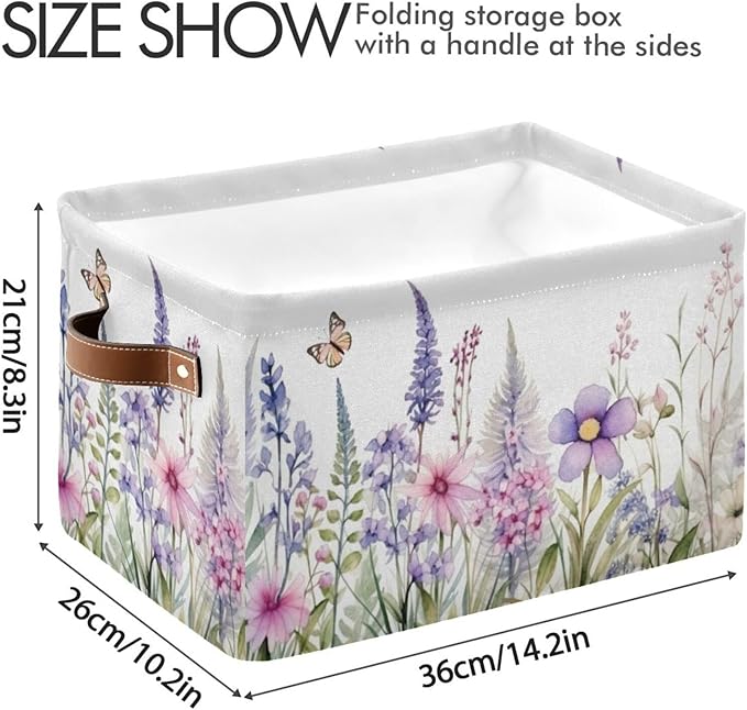 YETTASBIN Herbal Wildflowers Storage Basket 2pc, Large Collapsible Toys Clothes Organizer, Durable Canvas Storage Bin with Handle for Shelves Closet Laundry Home Office Decor