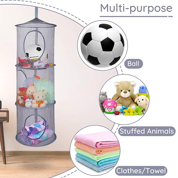 Basumee Stuffed Animals Net or Hammock 2 Pcs Stuffed Animals Storage Toy Net Hammock for Plushies Storage Organizer Mesh Kids Girls Room Decor, Gray, 3 Tiers