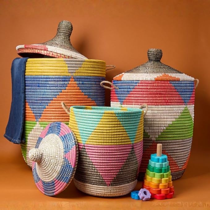 Colorful Triangles Wicker Baskets, Storage Hampers for Laundry, Blankets, Toys, Bedroom, Living Room, Nursery (Set of 3 (S/M/L))