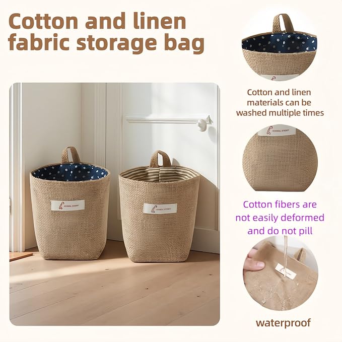 Chinshwehaw Washable Cotton Linen Hanging Organizer Bag for Door Wall Bedside | Washable Storage Pockets | Space Saving ，Reusable Closet Organizer (2Pack) (Deep blue dots+yellow stripes)