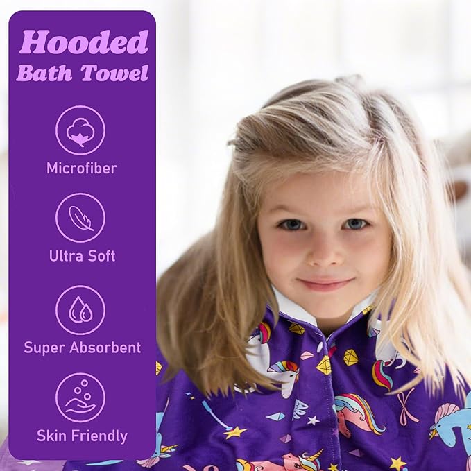 Hooded Towels for Kids Unicorn 60" x 35" Toddler Bath Beach Towel Poncho with Hood Super Soft and Absorbent 100% Microfiber for Girls Ages 5-12