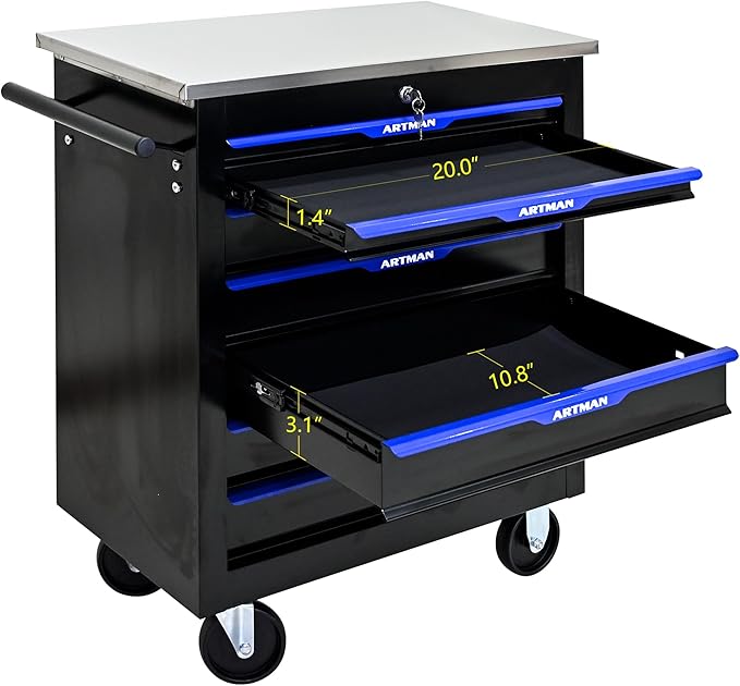 7 Drawers Rolling Tool Chest Cart PLUS ,Tool Storage Cabinet With 4 Wheels.Tool Cabinet Trolley With Locking System and Stainless Steel Countertops.Tool Storage Cart for Garage,Workshop,Warehouse