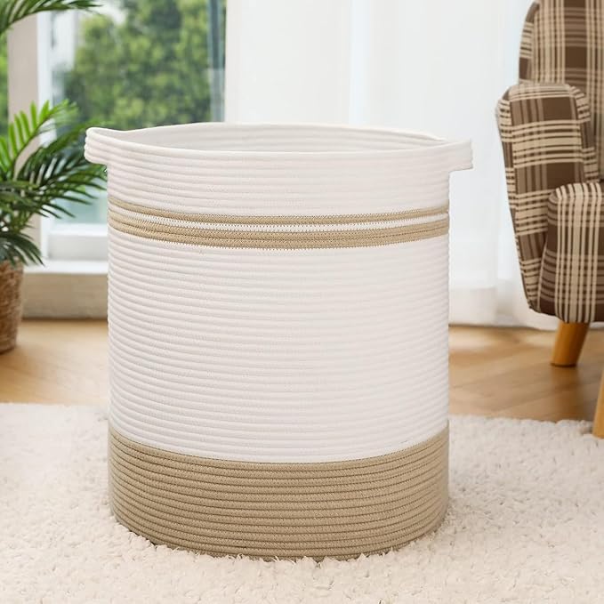 laundry hamper 16x16x18,60L – large basket for blankets,toy basket ,Cotton Rope Blanket Basket Living Room, Baby Laundry hamper for Blanket, Nursery, –stuffed animal storage（ Double color khaki）