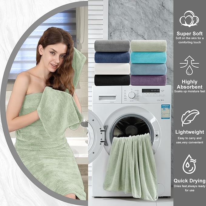 8 Piece Bath Towel Set Green|2 Oversized Large Bath Sheet,2 Hand Towels,4 Washcloths| Ultra Soft Cozy Bath Towel Set for Bathroom Hotel Gym Spa,Highly Absorbent & Quick Dry Bathroom Towel Collections