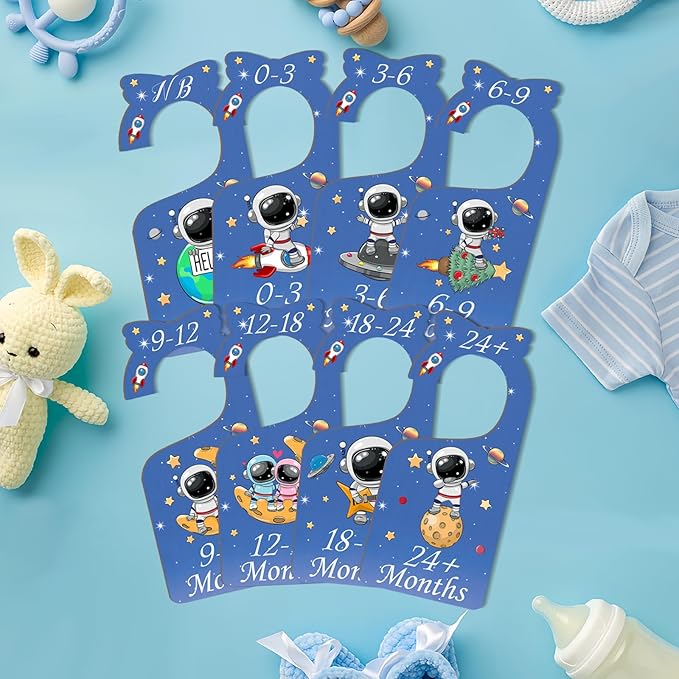 Baby Closet Dividers for Clothes Organizer - Set of 8 Wooden Double-Sided Blue Baby Clothes Size Hanger Organizer from Newborn to 24 Months for Daycare Wardrobe, Boy Nursery Decor