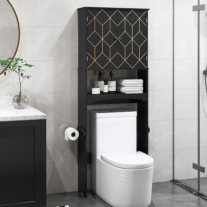 Over The Toilet Storage Cabinet with Gold Trim, Modern Bathroom Organizer Over Toilet with Adjustable Shelves and Toilet Paper Holder for Bathroom (Black)