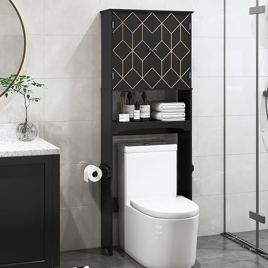 Over The Toilet Storage Cabinet with Gold Trim, Modern Bathroom Organizer Over Toilet with Adjustable Shelves and Toilet Paper Holder for Bathroom (Black)