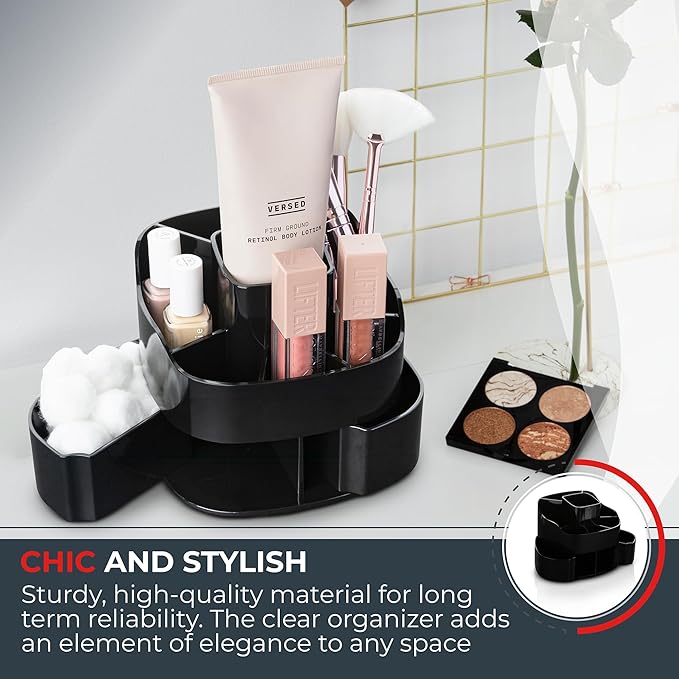 Masirs Small 360 Rotating Makeup Organizer - Mini Yet Spacious Cosmetic Storage Solution with Multiple Compartments - The Perfect Spinning Make-Up Caddy for Vanity or Bathroom Counter (Square - Black)