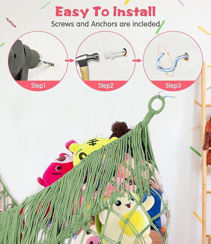 Stuffed Animal Hammock - Extra Large 63'' Long, Stuffed Animal Storage, stuffed animal Holder net, Hammock Large, Storage Hanging Organizer - Bean paste green