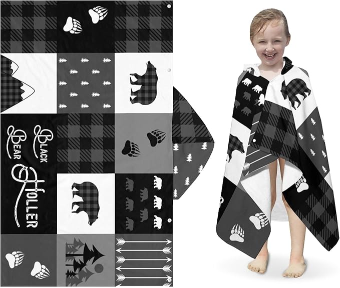 Hooded Bath Towels for Kids, Buffalo Bears Mountains Black Personalized Towel for Swimming Robe | Bathing | Beach | Birthday Gifts