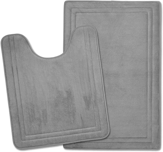 Grey Bathroom Rug Set of 2 Memory Foam Bath Mat and U-Shaped Contour Toilet Rug Non Slip Washable Floor Mats Soft Absorbent Plush Microfiber Shower Tub Bathmat Gray,32"x20"+24"x20"
