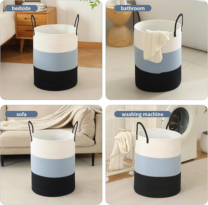 Woven Laundry Hamper Tall Rope Storage Basket for Blanket toys Dirty Clothes in Living Room Bathroom Bedroom (Gradient Blue, 60L/15.8Gal)