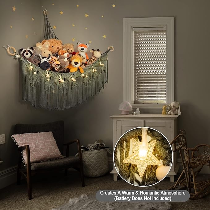 ANROYE Macrame Stuffed Animal Hammock with Star Light, Bear Storage Net for Girls Room Decor, Corner Hanging Mesh Organizer Idea for Nursery, Plushies Toy Wall Hanging Display Holder Kid Boy Gift