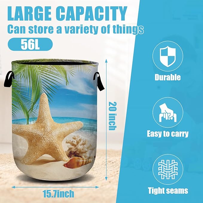 Starfish Seashell Laundry Basket, Ocean Sea Beach Laundry Hamper Collapsible Oxford Cloth with Handle Clothes Toy Storage Bin for Bathroom Laundry Room Bedroom 15.7 X 20 Inch