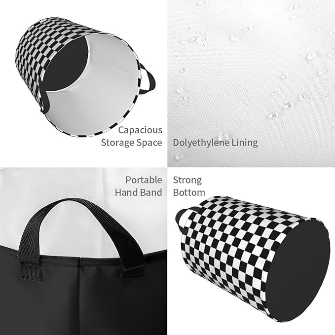 Laundry Basket Black White Checkered Decor,Waterproof Laundry Hamper Race Car Room decor Collapsible Laundry Baskets With Handles,Toy/Clothes Storage Basket For Home Bedroom Bathroom Decor