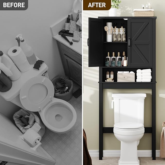 Over The Toilet Storage Cabinet, Farmhouse Over Toilet Bathroom Organizer with 2 Barn Doors, Narrow Above Toilet Storage Cabinet, Behind Toilet Bathroom Organizer, Black