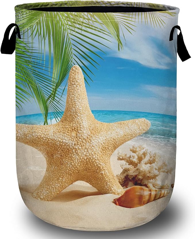 Starfish Seashell Laundry Basket, Ocean Sea Beach Laundry Hamper Collapsible Oxford Cloth with Handle Clothes Toy Storage Bin for Bathroom Laundry Room Bedroom 15.7 X 20 Inch
