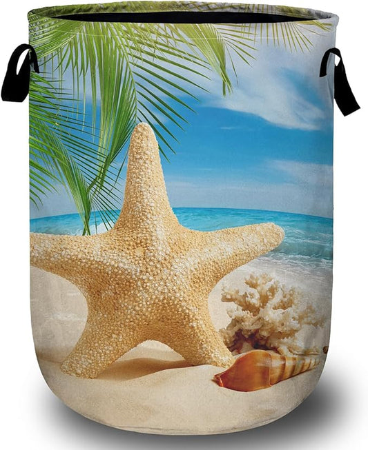 Starfish Seashell Laundry Basket, Ocean Sea Beach Laundry Hamper Collapsible Oxford Cloth with Handle Clothes Toy Storage Bin for Bathroom Laundry Room Bedroom 15.7 X 20 Inch