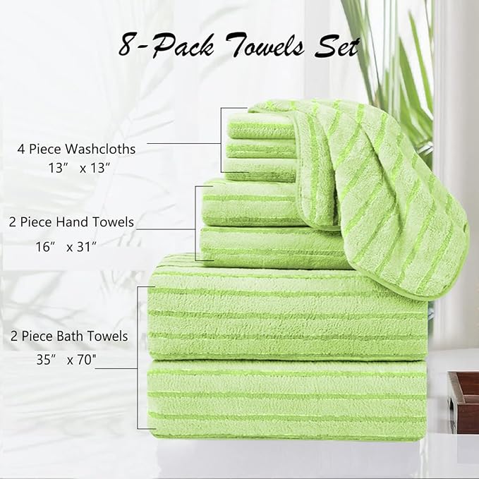 8 Pcs Grass Green Cabana Stripe Large Bath Towel Set - 2 Oversized Bath Sheets, 2 Hand Towels, 4 Washcloths - Soft Jumbo Absorbent Shower Beach Chair Spa Gym Hotel Towels